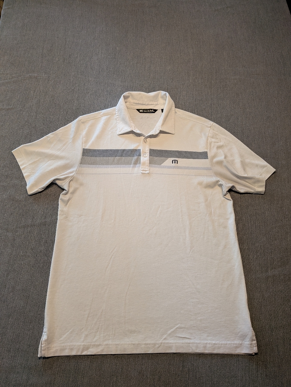 Travis Mathew Polo Shirt Mens M White Logo Coastal Chest Stripe Golf Side Slit